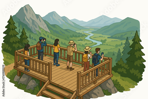 Group on a mountain viewpoint deck admiring scenic landscapes with mountains and river