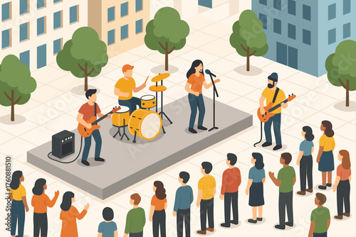 Outdoor performance by diverse band with female singer in urban setting