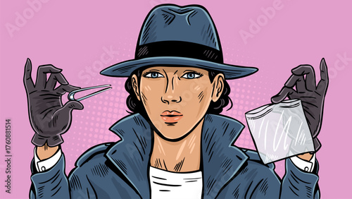 Pop art female detective holding tweezers and evidence bag wearing hat and gloves vintage investigator illustration