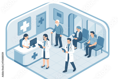 Isometric hospital reception with diverse patients and medical staff engaged in consultation