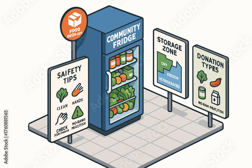Isometric illustration of a community fridge with safety and donation guidelines