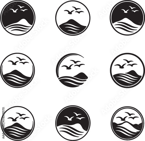 : vector art plum tree sunrise logo icon set design