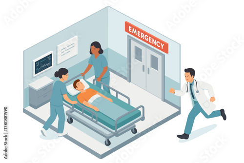 Emergency room scenario: diverse medical team assists elderly patient as doctor rushes