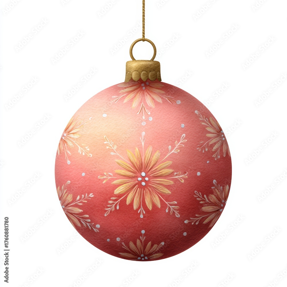 Fototapeta premium Christmas ornament ball in warm red tones with golden floral pattern and subtle gradient, hanging festive decoration on white background for holiday design projects 