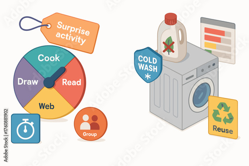 Conceptual illustration of household tips and creative activities for sustainability