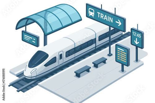 Isometric illustration of modern high-speed train station with futuristic elements