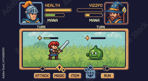 Retro Pixel Game Interface Displaying Battle Scene And Health Bars