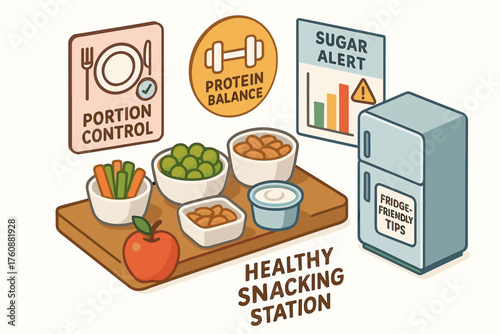 Healthy snacking station with portion control and protein balance tips