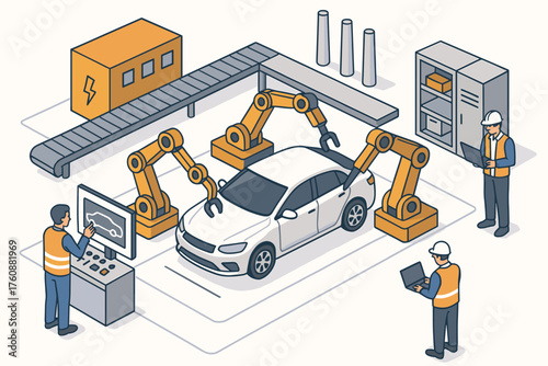 Factory automation with robotic arms and workers in car manufacturing process