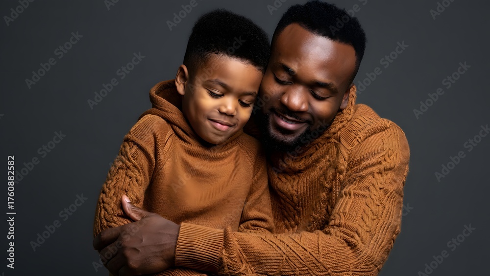 Obraz premium Father and son embracing each other wearing matching sweaters in a studio setting