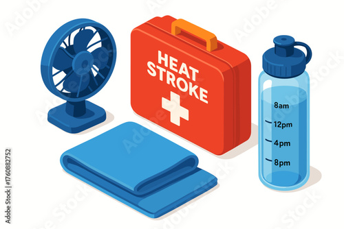 Heat stroke prevention essentials: fan, first aid kit, water bottle, and towel for safety