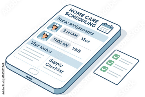 Home care scheduling app interface with nurse assignment and checklist