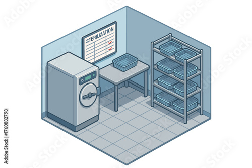 Isometric sterilization room with autoclave and storage racks