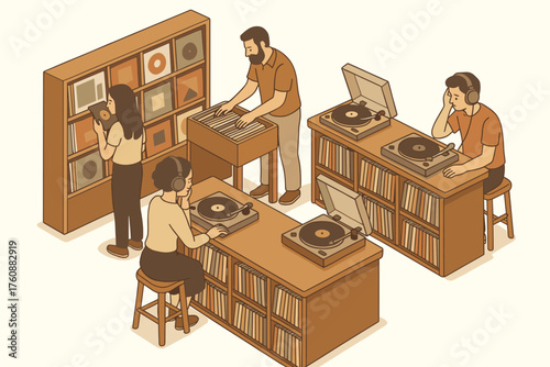Diverse adults enjoying vinyl records in retro music store