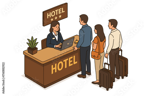 Hotel reception with caucasian adults checking in at front desk
