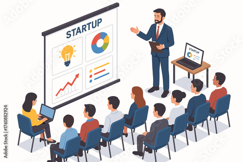 Young multiracial professionals attending startup presentation with charts and diagrams