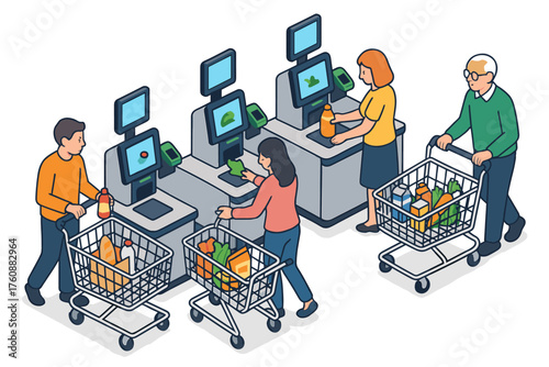 People checking out groceries at self-service kiosks in store