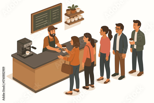 Queue at coffee shop counter with diverse adults being served by barista