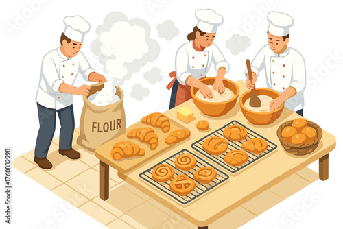 Bakers preparing pastries: male and female caucasian adults in kitchen