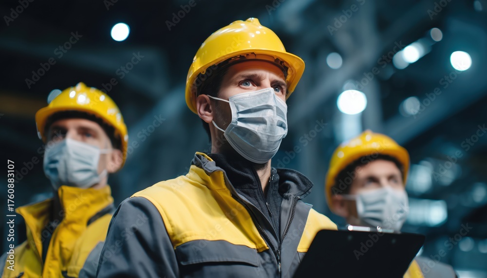 Fototapeta premium Collaborative Engineer In Uniform With Protective Mask Participating In Brainstorming Session At Industrial Factory. Group Meeting Of Workers.