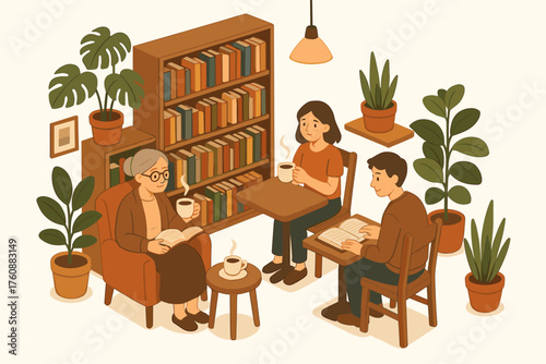 Cozy reading room with three adults enjoying coffee and books in a vibrant library