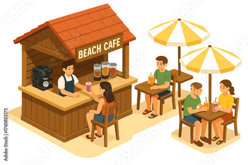 Isometric beach cafe scene with customers and staff enjoying refreshments