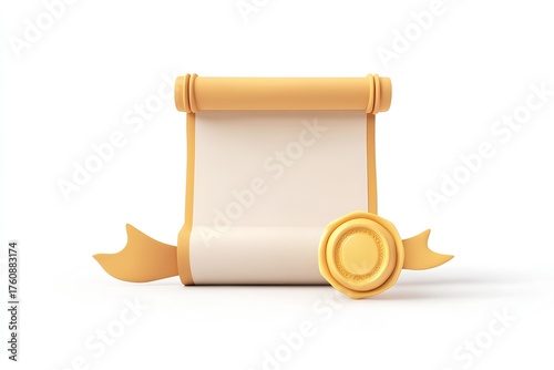 Golden scroll with golden seal isolated on white background. 3d render