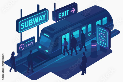Futuristic urban subway scene with diverse commuters boarding train in evening light
