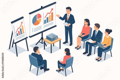 Business presentation with diverse group of young adults analyzing growth charts