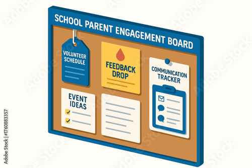 School parent engagement board with volunteer schedule and feedback drop