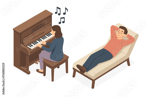 Female playing piano with relaxed male listening in isometric design