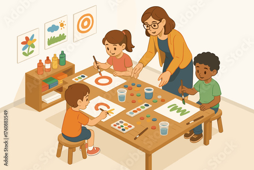 Young children and teacher engaged in creative art activity in classroom setting