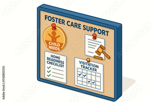 Foster care support board with child needs, home readiness checklist, and visitation tracker