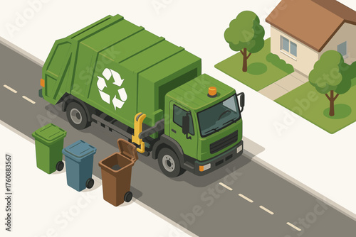 Green recycling truck collecting bins on suburban street