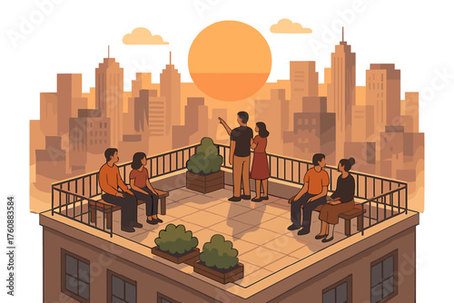 Rooftop gathering at sunset with young adults overlooking city skyline