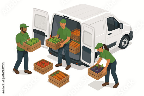 Diverse team unloading fresh produce from delivery van