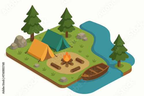 Isometric camping scene with tents, campfire, river, and trees
