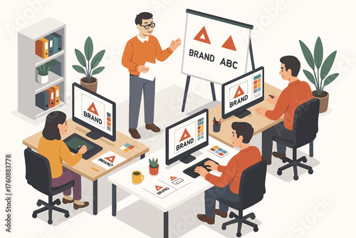 Caucasian adult team in office meeting for branding strategy workshop