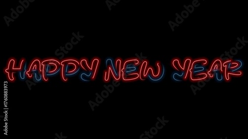 Happy new year text neon red and blue colour on black background