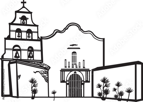 Mission San Diego de Alcalá church. Black and white graphics on a white background
