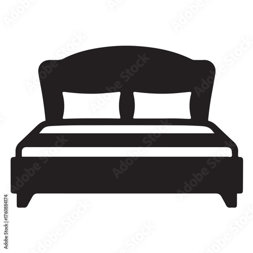 A silhouette of a bed with pillows and a striped duvet, isolated on white background