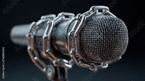 Classic microphone locked in chains symbolizing censorship and silenced speech
