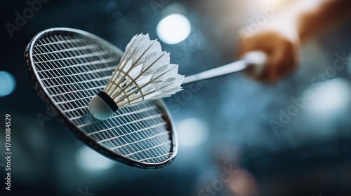 Badminton smash close-up racket shuttlecock sports action dynamic athletic competition