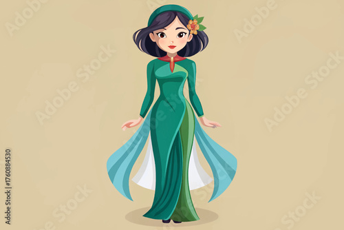 Vietnamese woman vector elegant long dress with side slits, symbolic of beauty and grace in Vietnamese culture