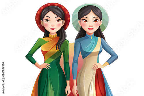 Vietnamese woman vector elegant long dress with side slits, symbolic of beauty and grace in Vietnamese culture