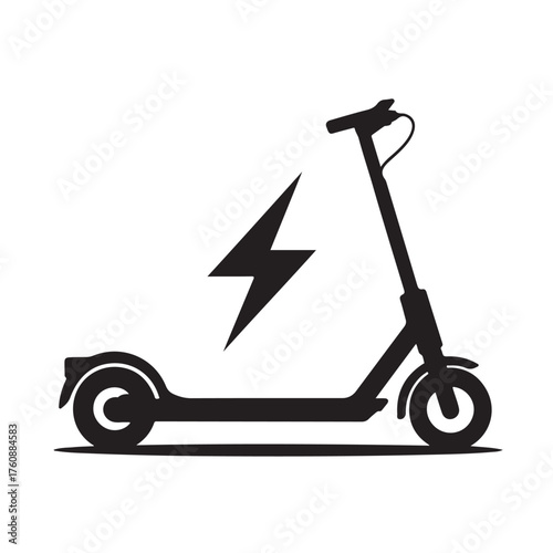 Black silhouette of an electric scooter with a lightning bolt symbol, isolated on white background