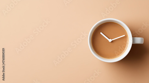 A coffee cup clock against a peach backdrop symbolizes time for a break. The simple design and neutral tones evoke calm and encourage slowing down to enjoy the moment.