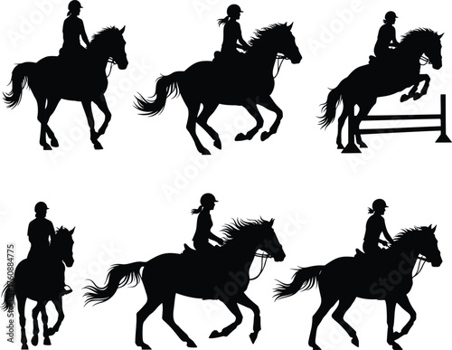 Horseback Riding Silhouettes — Equestrian Riders and Jumping Horse Vector Illustration