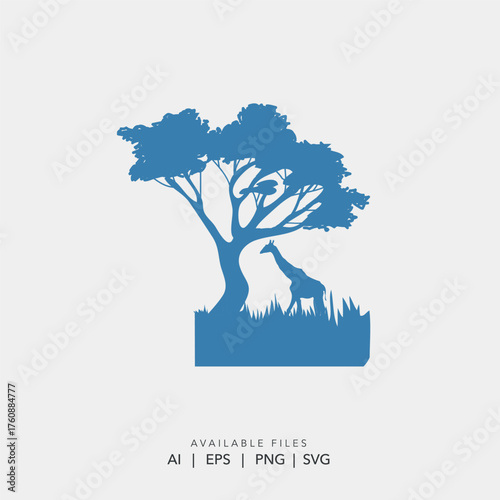 Monochromatic vector giraffe silhouette under Acacia tree, Simple line art logo for African safari tour company