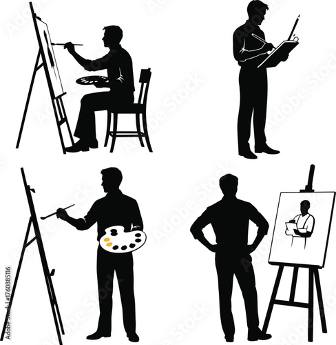 Artist Silhouettes with Easel and Canvas — Creative Painting and Drawing Vector Set